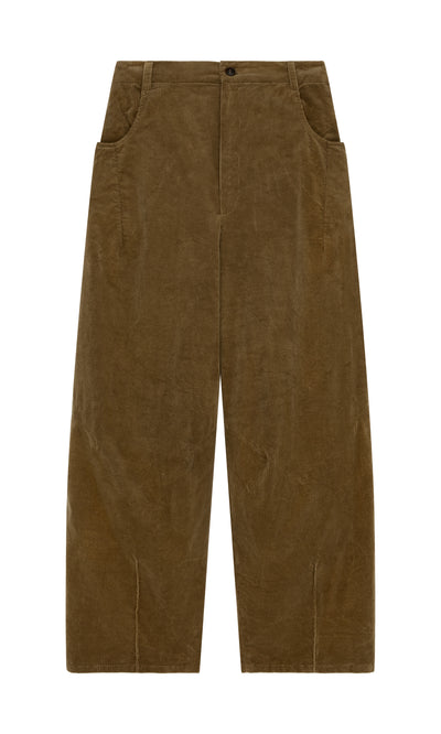 Plümo  Breda Pants: wide-leg brown corduroy barrel pants with front pockets, displayed flat on a white background.