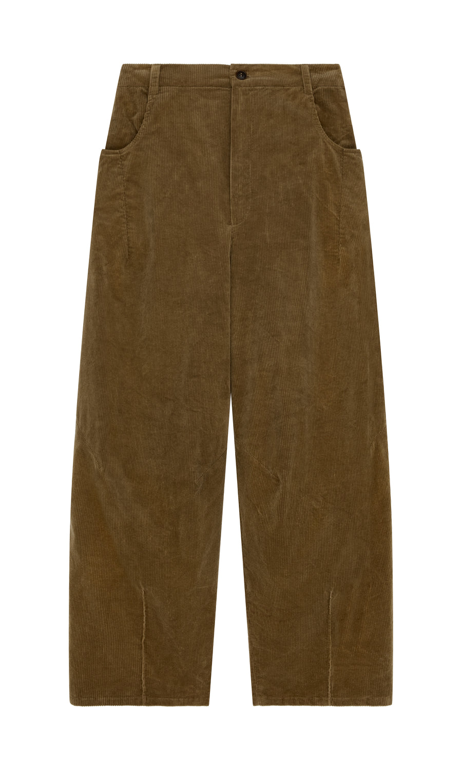 Plümo  Breda Pants: wide-leg brown corduroy barrel pants with front pockets, displayed flat on a white background.