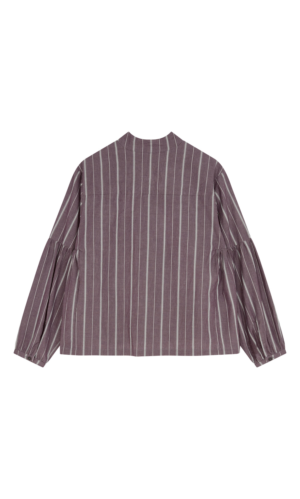 Plümo  Kleist Blouse - Liquorice: cotton, relaxed fit, balloon sleeves, vertical stripes, shown from the back.