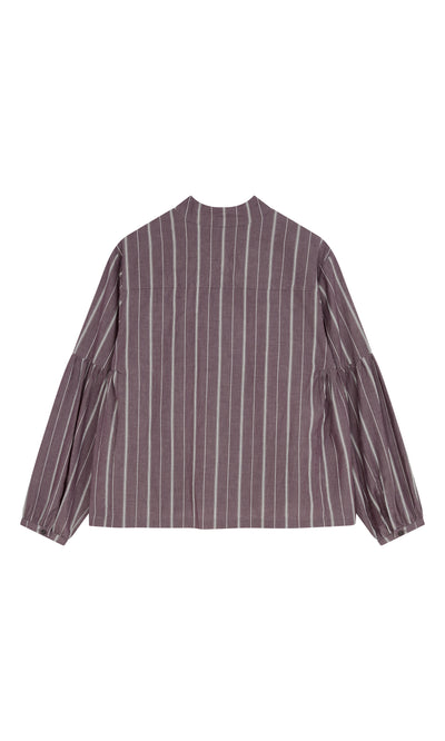 Plümo  Kleist Blouse - Liquorice: cotton, relaxed fit, balloon sleeves, vertical stripes, shown from the back.