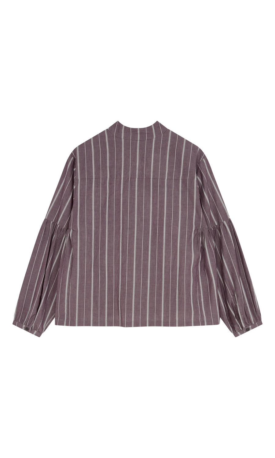 Plümo  Kleist Blouse - Liquorice: cotton, relaxed fit, balloon sleeves, vertical stripes, shown from the back.