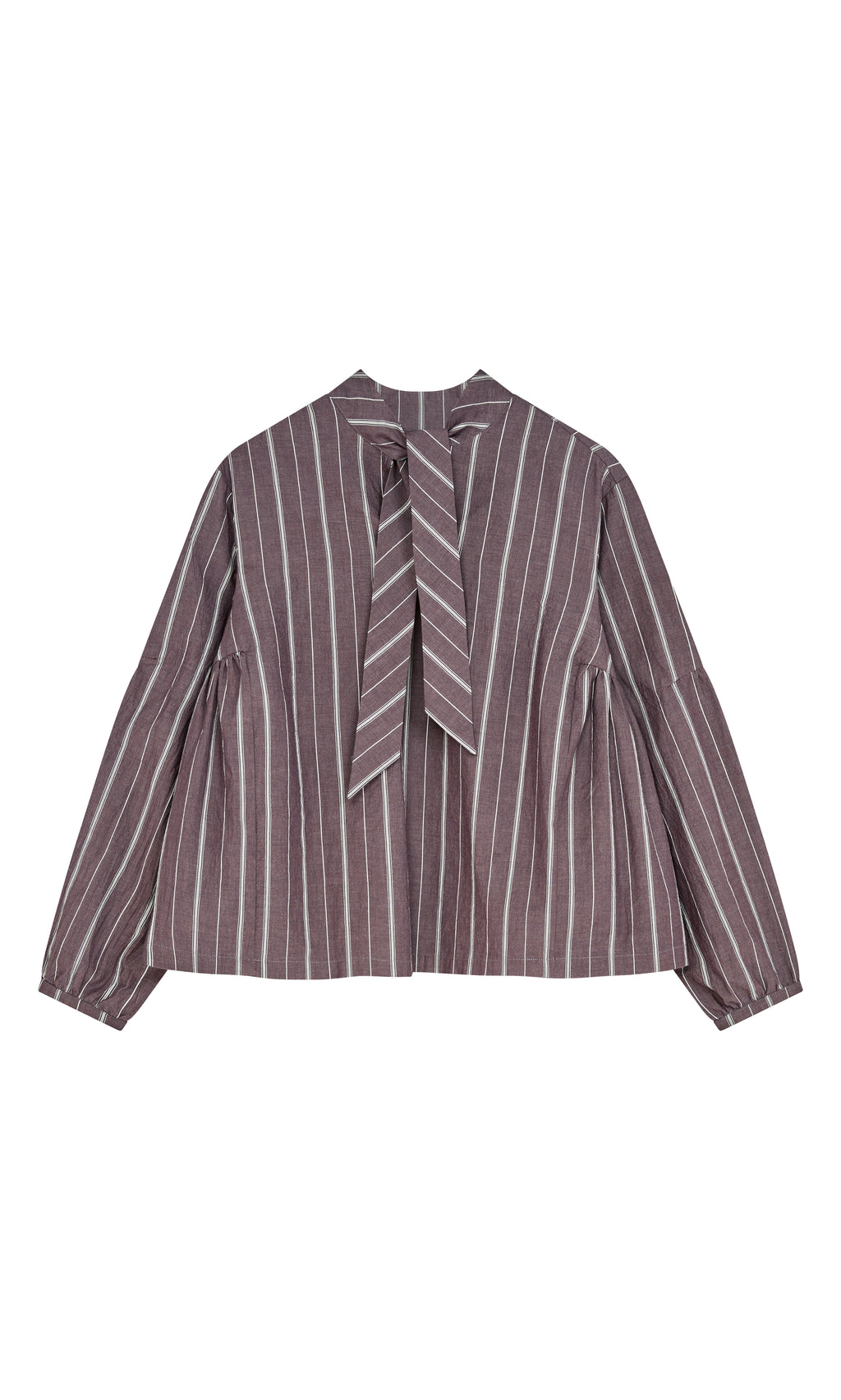 Plümo  Kleist Blouse - Liquorice: cotton stripe blouse with balloon sleeves and back bow, laid flat on white.