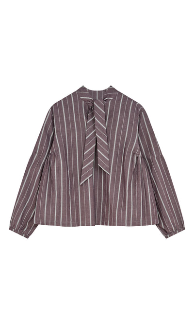 Plümo  Kleist Blouse - Liquorice: cotton stripe blouse with balloon sleeves and back bow, laid flat on white.