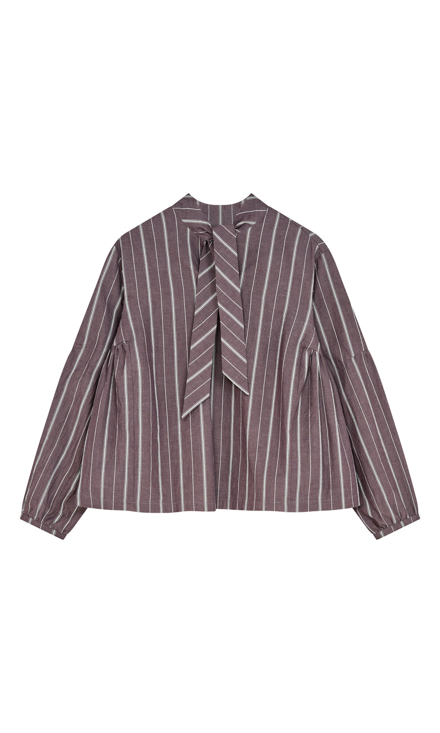 Plümo  Kleist Blouse - Liquorice: cotton stripe blouse with balloon sleeves and back bow, laid flat on white.