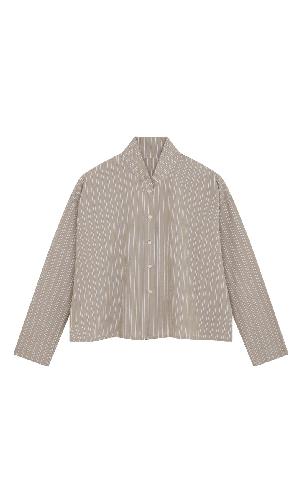 Plümo  Bennett Blouse - Smoke: collarless, taupe cotton with white stripes, laid flat; crafted in London.