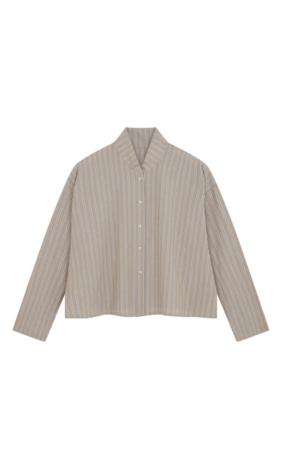 Plümo  Bennett Blouse - Smoke: collarless, taupe cotton with white stripes, laid flat; crafted in London.