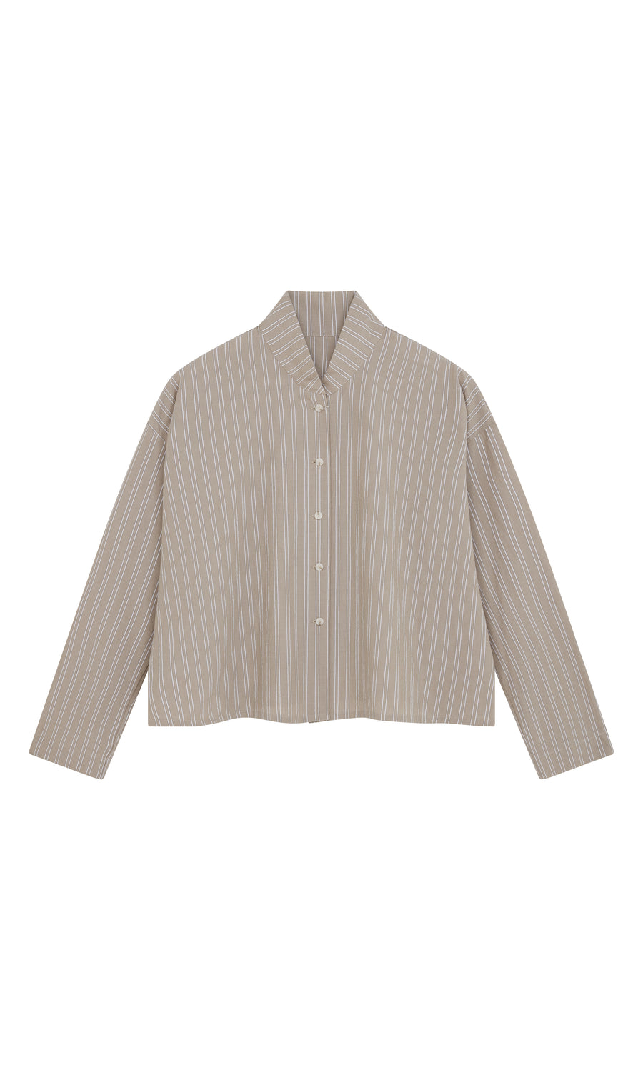 Plümo  Bennett Blouse - Smoke: collarless, taupe cotton with white stripes, laid flat; crafted in London.