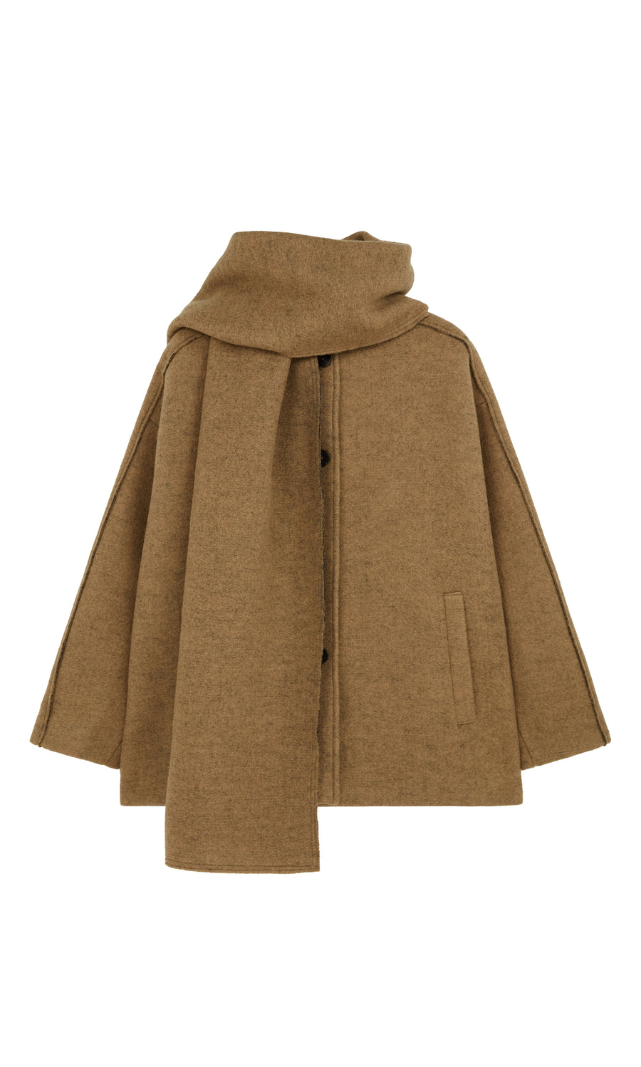 Plümo  Kilmore Coat in acorn brown wool with attached scarf, front pockets, button closure, on a white background.