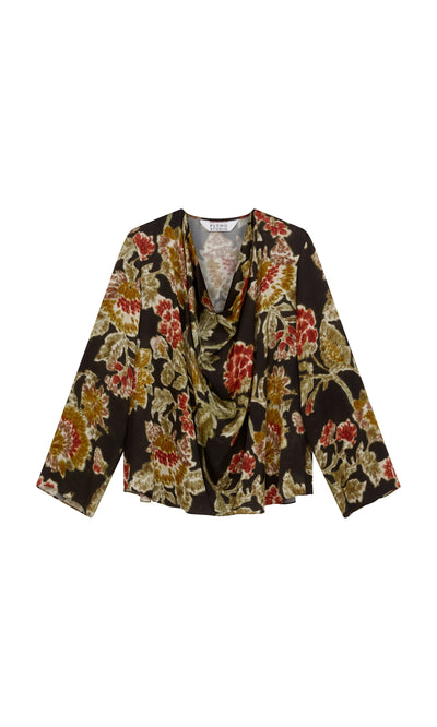 Plümo  Tokley Blouse: Long-sleeve drape neck with blurry red, yellow, and green floral print on black.