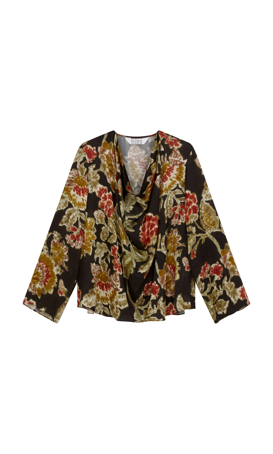 Plümo  Tokley Blouse: Long-sleeve drape neck with blurry red, yellow, and green floral print on black.