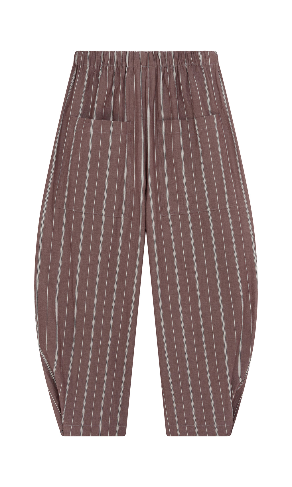 Plümo  Butoni Pants - Liquorice: Brown loose-fit cotton pants with stripes, elastic waist, and front pockets on white background.