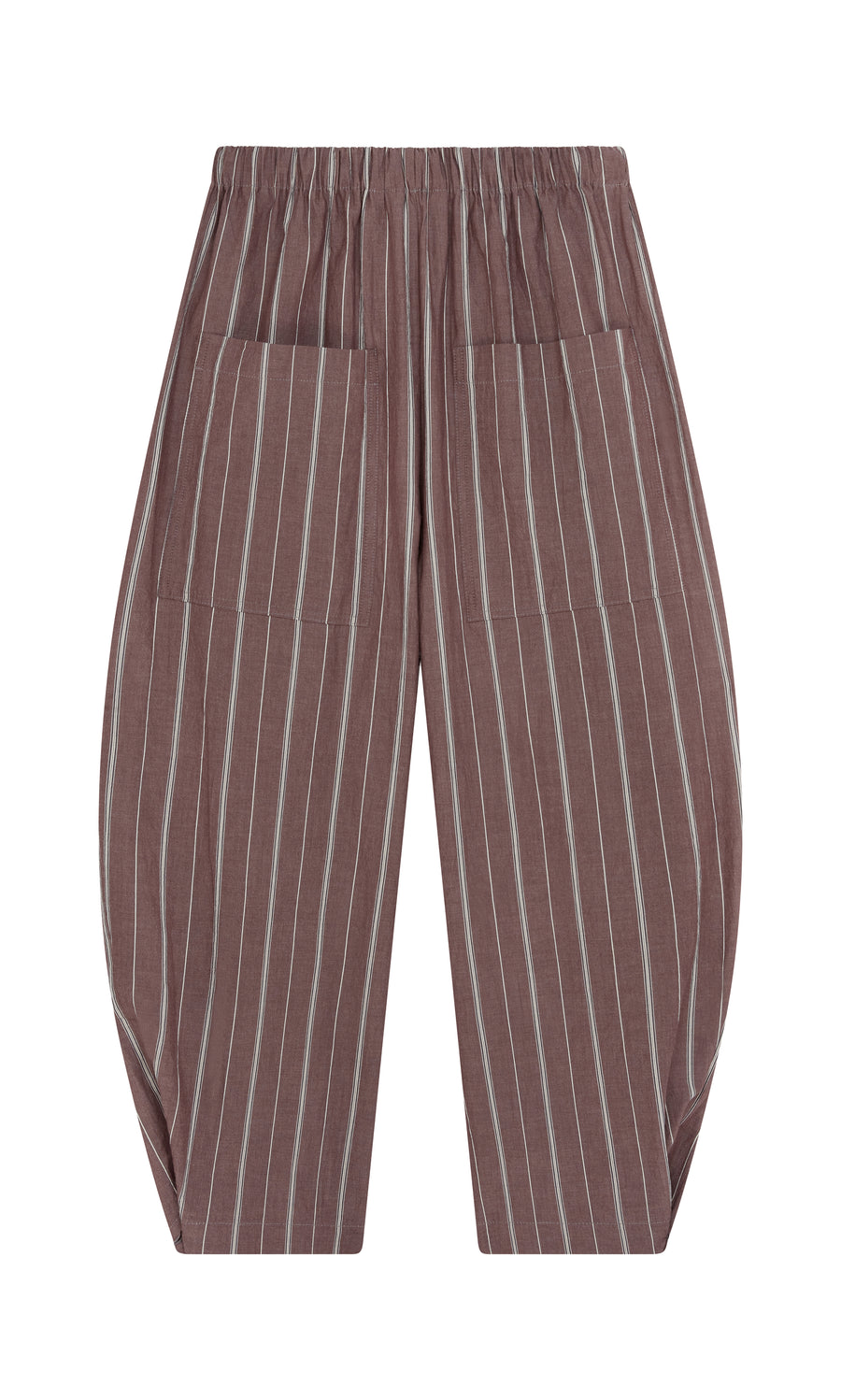 Plümo  Butoni Pants - Liquorice: Brown loose-fit cotton pants with stripes, elastic waist, and front pockets on white background.