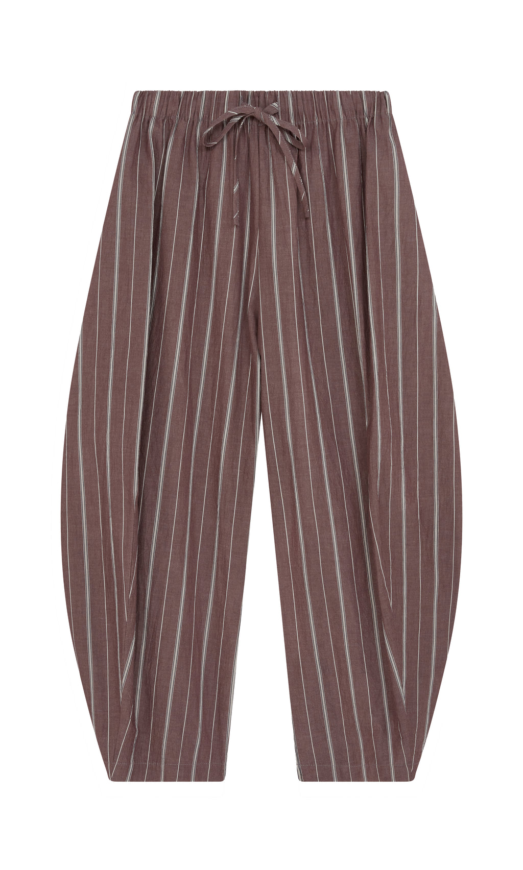 Plümo  Butoni Pants - Liquorice: brown cotton striped pants with elastic waist and adjustable hem, shown on white background.