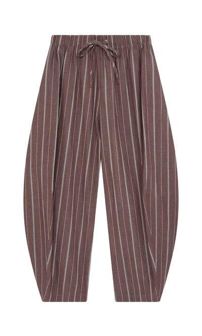 Plümo  Butoni Pants - Liquorice: brown cotton striped pants with elastic waist and adjustable hem, shown on white background.