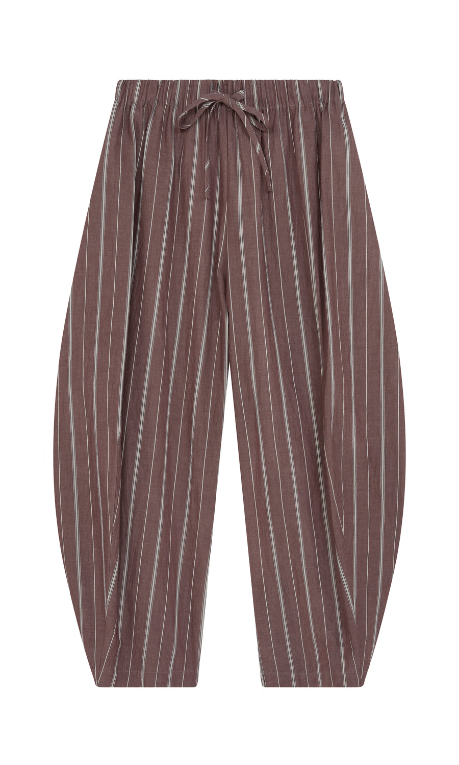 Plümo  Butoni Pants - Liquorice: brown cotton striped pants with elastic waist and adjustable hem, shown on white background.