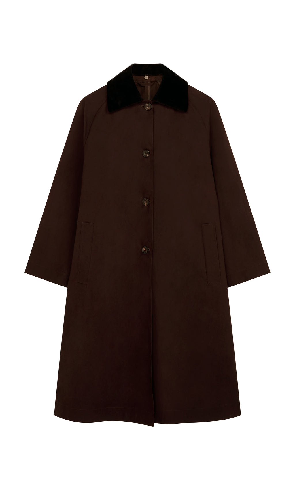 Plümo  Doherty Coat - Soil: long dark brown waxed cotton, black collar, five buttons, shown on white background.
