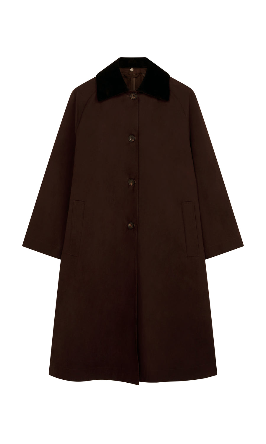 Plümo  Doherty Coat - Soil: long dark brown waxed cotton, black collar, five buttons, shown on white background.