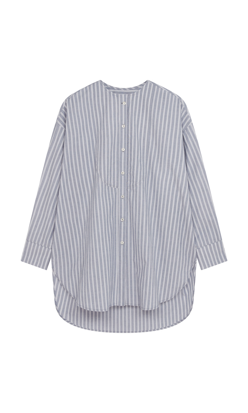 Plümo  Tuxedo Shirt: collarless, chambray blue stripes, buttons, curved hem—modern style for a classic men’s look.