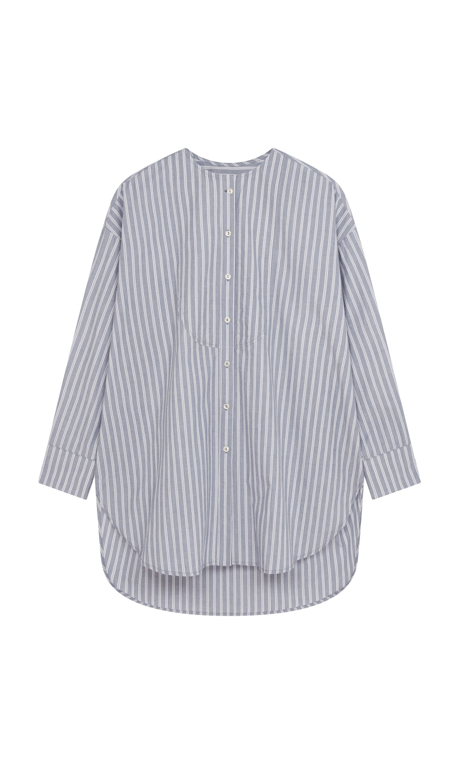 Plümo  Tuxedo Shirt: collarless, chambray blue stripes, buttons, curved hem—modern style for a classic men’s look.