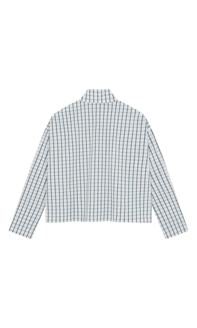 Plümo  Back view of Bruges Shirt—long-sleeve, white cotton with a blue checkered grid pattern.