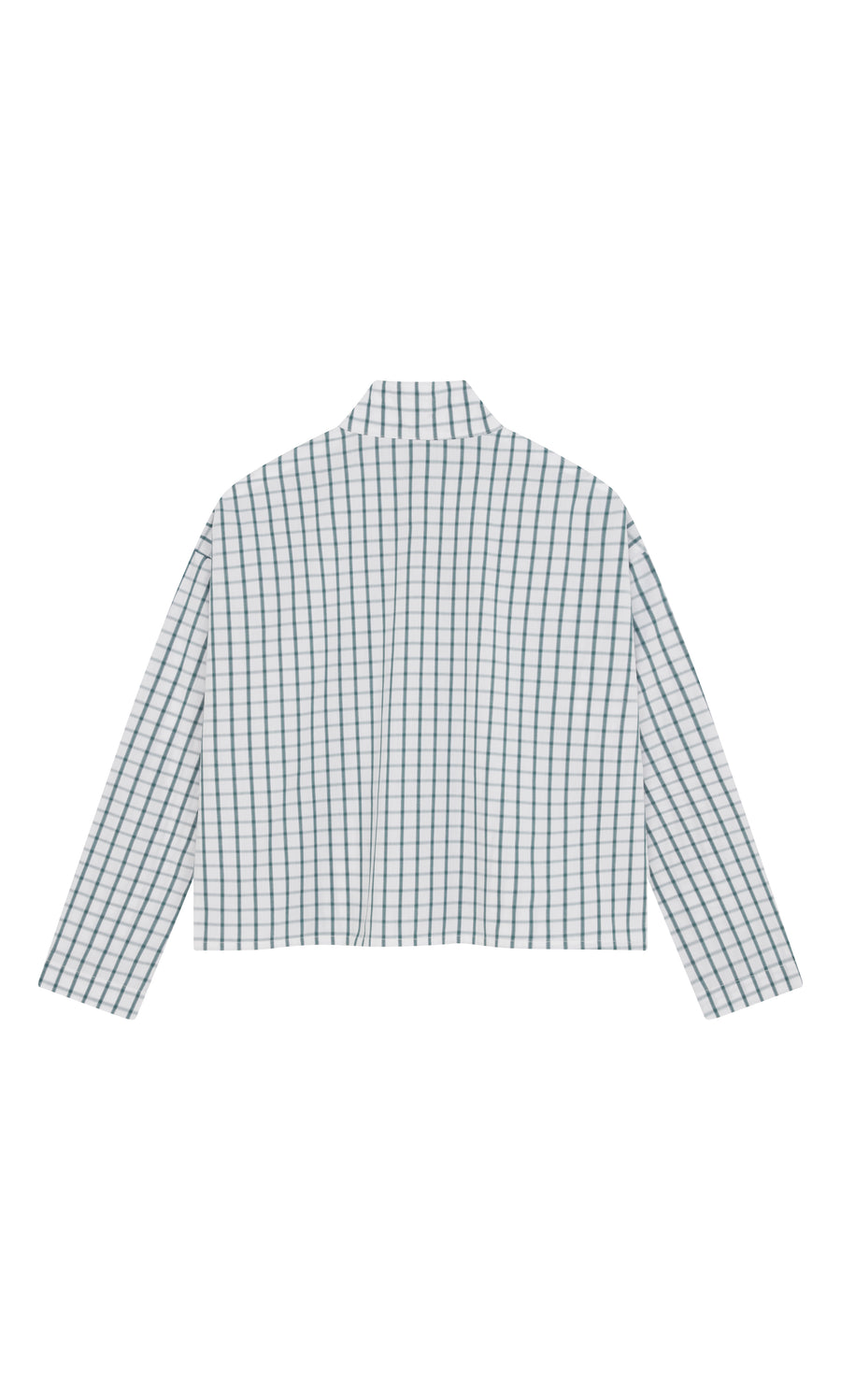 Plümo  Back view of Bruges Shirt—long-sleeve, white cotton with a blue checkered grid pattern.