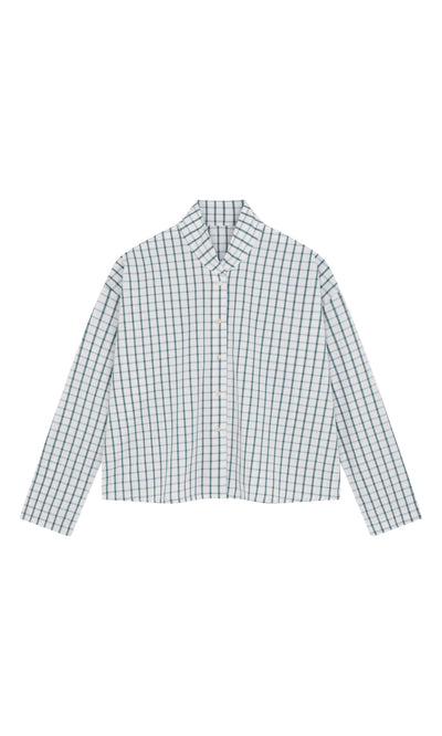 Plümo  Bruges Shirt—blue and white checked, long-sleeved cotton button-up, made in England, laid flat on white background.