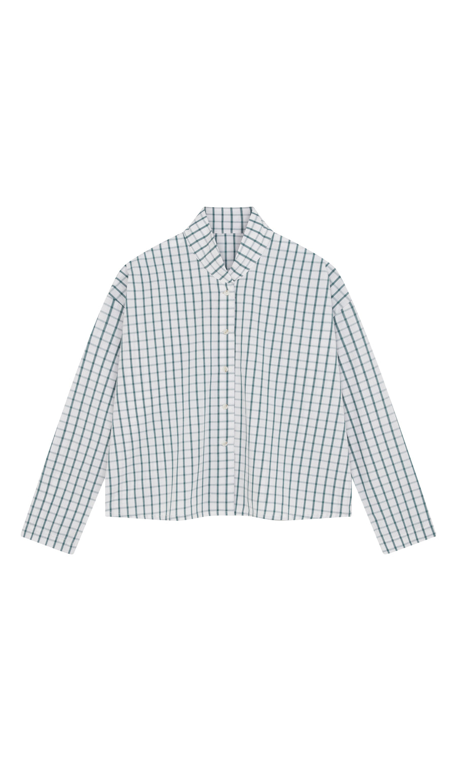 Plümo  Bruges Shirt—blue and white checked, long-sleeved cotton button-up, made in England, laid flat on white background.