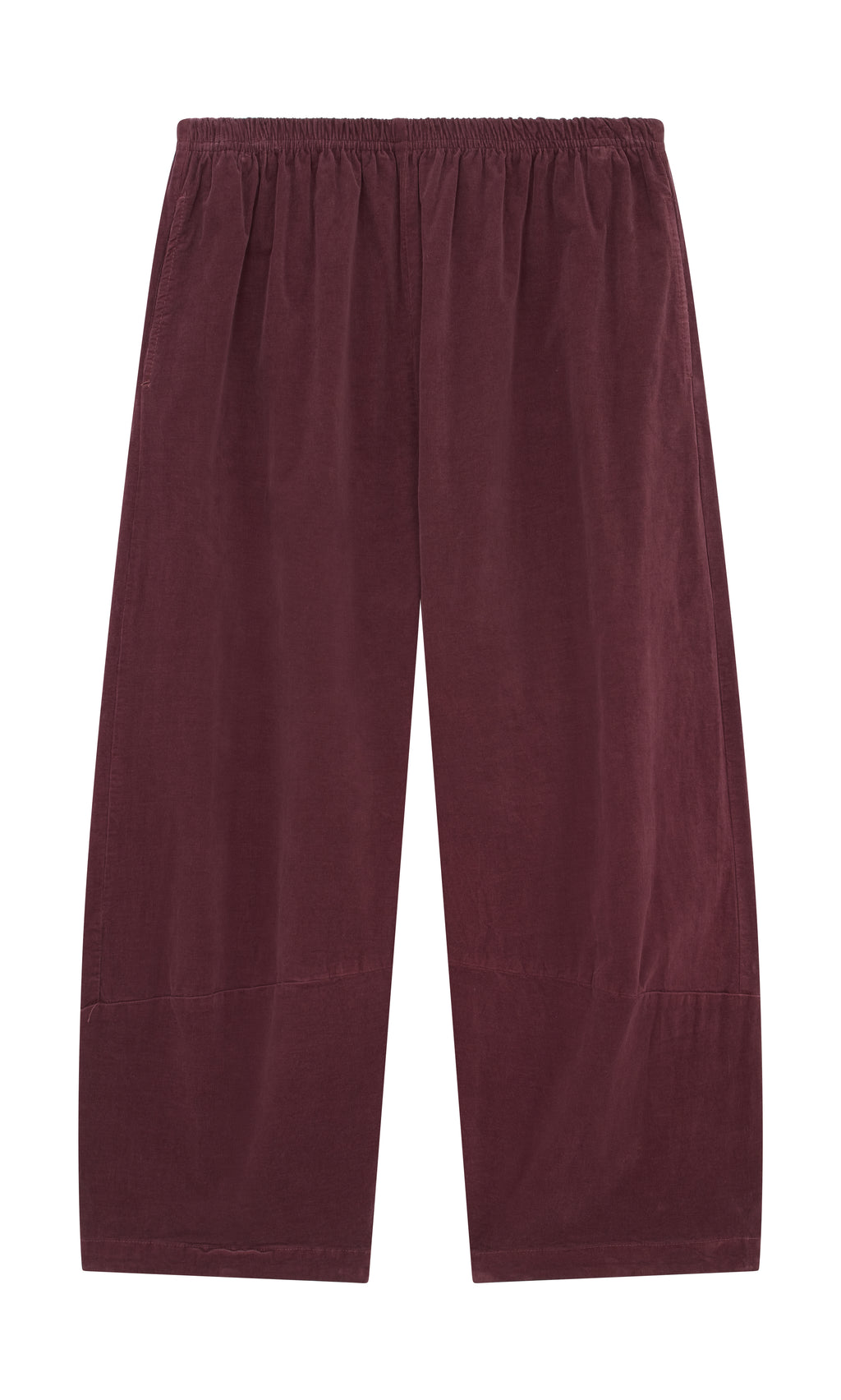Plümo  Architect Pants - Lupins: Wide-leg maroon needlecord pants with elastic waist, sustainably made, shown flat on white.