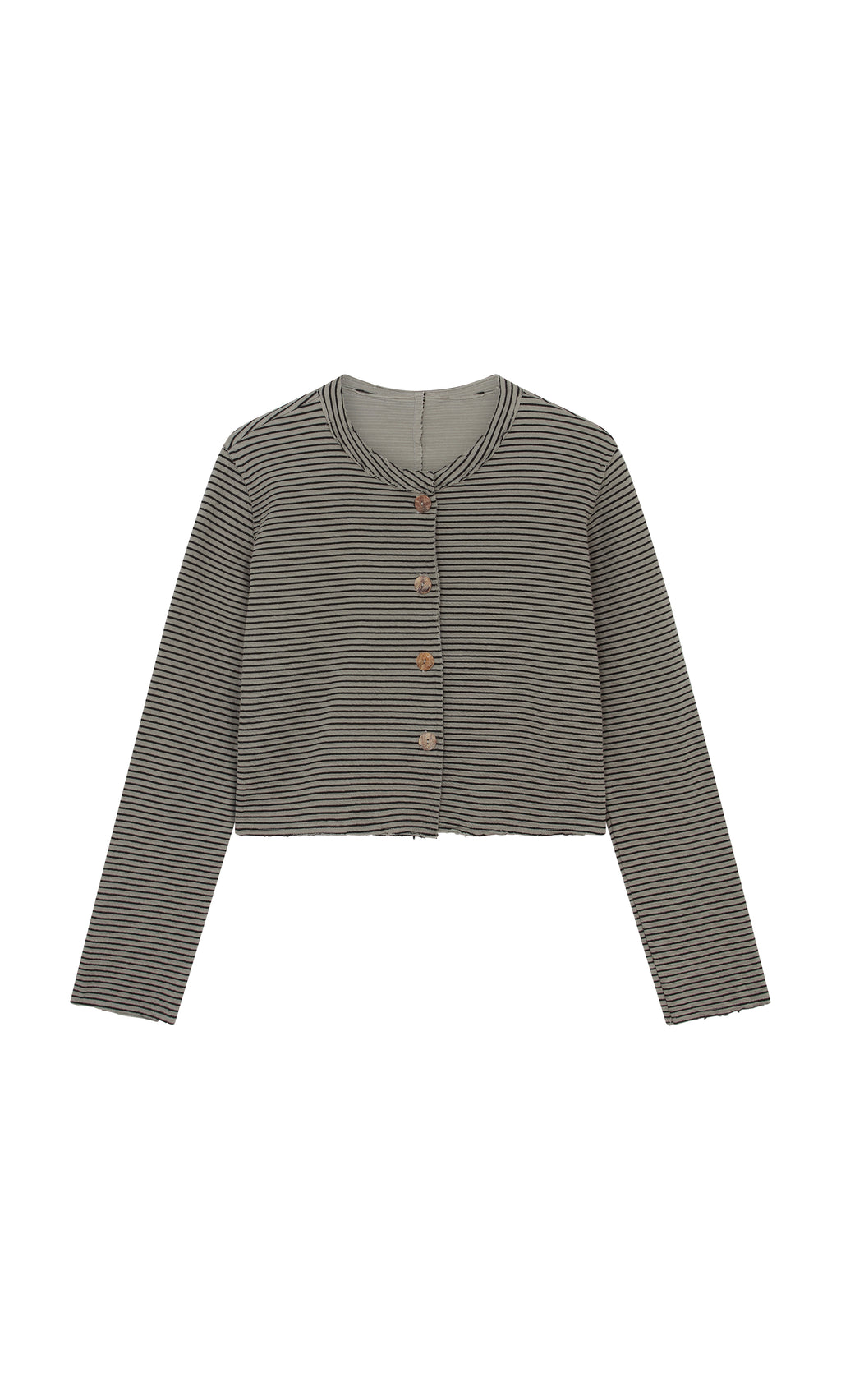 Plümo  Lavelle Top: Gray and black striped seersucker cardigan with buttons, made in USA, shown on white background.
