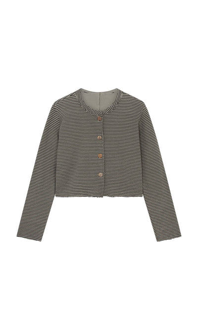 Plümo  Lavelle Top: Gray and black striped seersucker cardigan with buttons, made in USA, shown on white background.