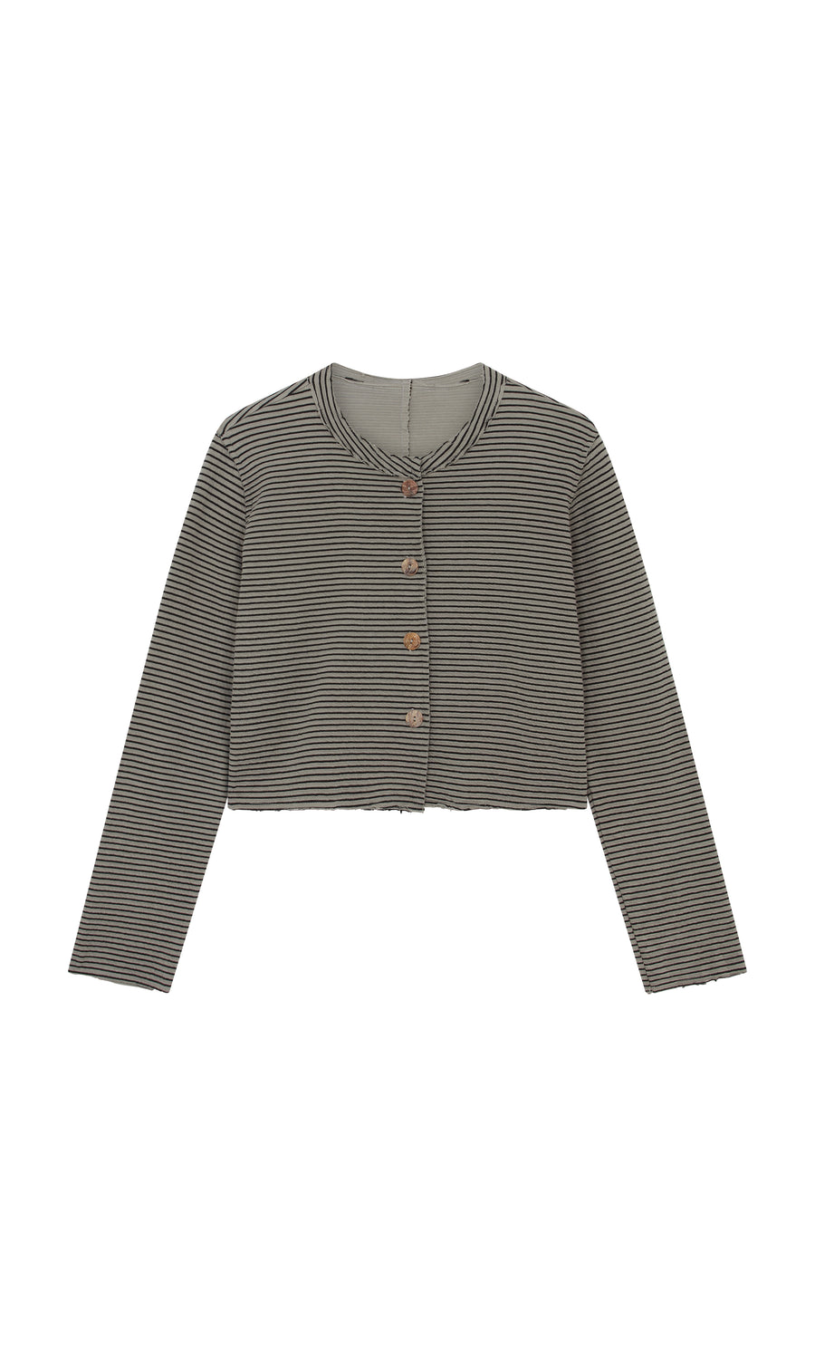 Plümo  Lavelle Top: Gray and black striped seersucker cardigan with buttons, made in USA, shown on white background.