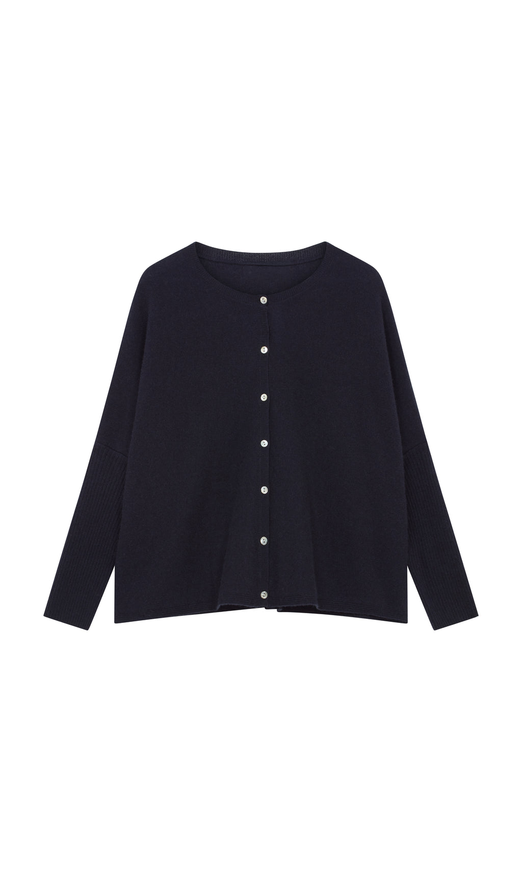 Plümo  Alma Cardigan - Dark Navy wool blend with front buttons, shown laid flat on a white background.