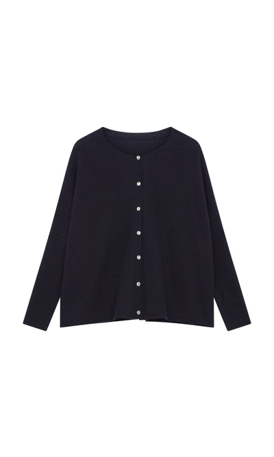 Plümo  Alma Cardigan - Dark Navy wool blend with front buttons, shown laid flat on a white background.