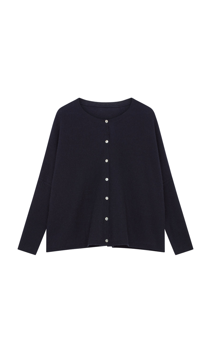 Plümo  Alma Cardigan - Dark Navy wool blend with front buttons, shown laid flat on a white background.