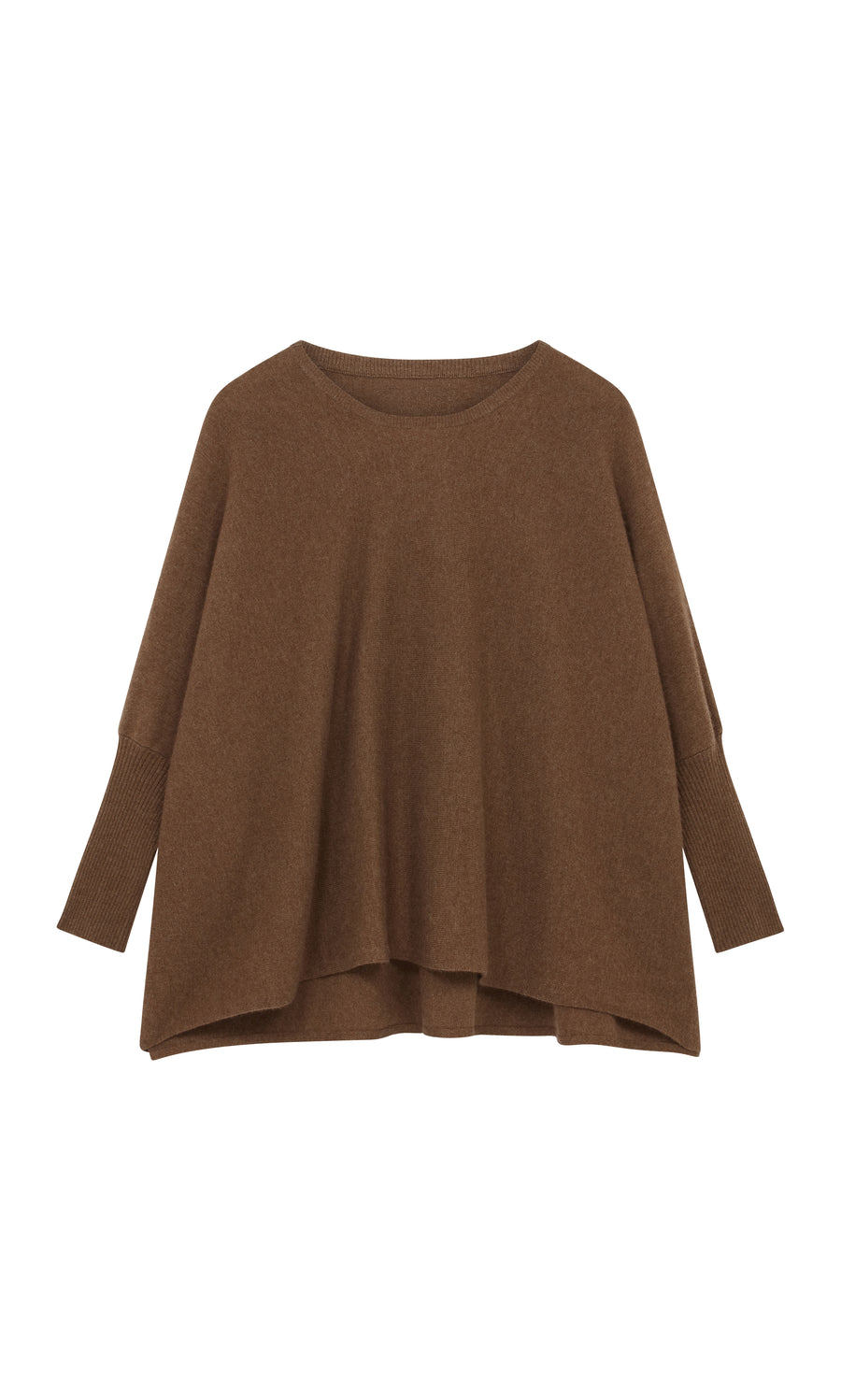 Plümo  Neves Crew Neck: oversized cumin wool jumper with ribbed cuffs and relaxed fit, shown on white background.