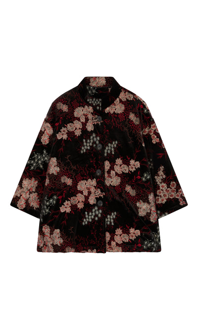 Plümo  Charone Jacket: Black Chinoiserie velvet, 3/4 sleeves, red chrysanthemum embroidery; perfect for parties.