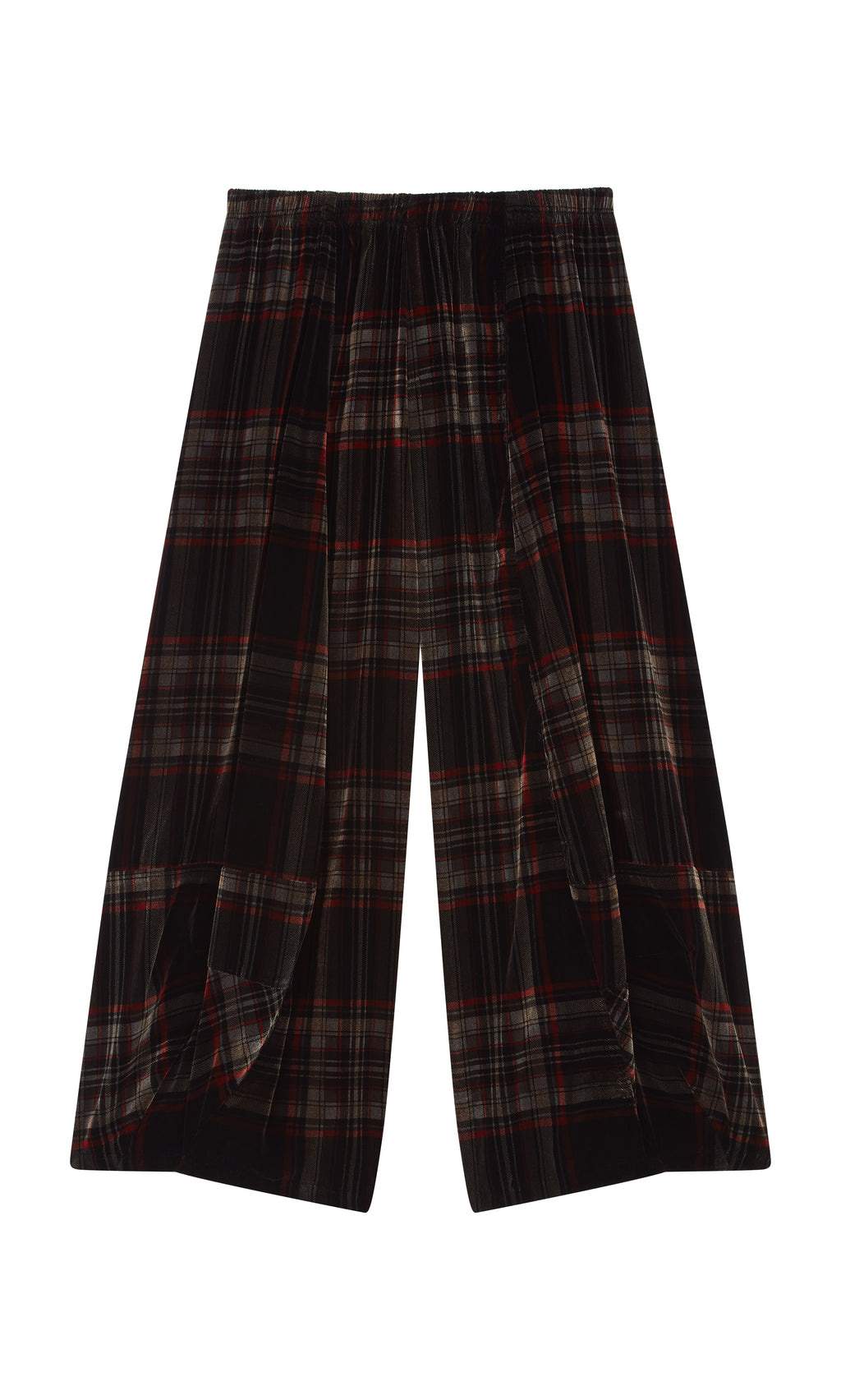 Plümo  Carson Tartan Pants: Wide-leg velveteen with black, red, and white stripes plus an elastic waistband.