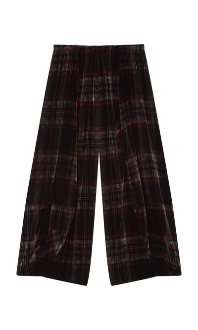 Plümo  Carson Tartan Pants: Wide-leg velveteen with black, red, and white stripes plus an elastic waistband.