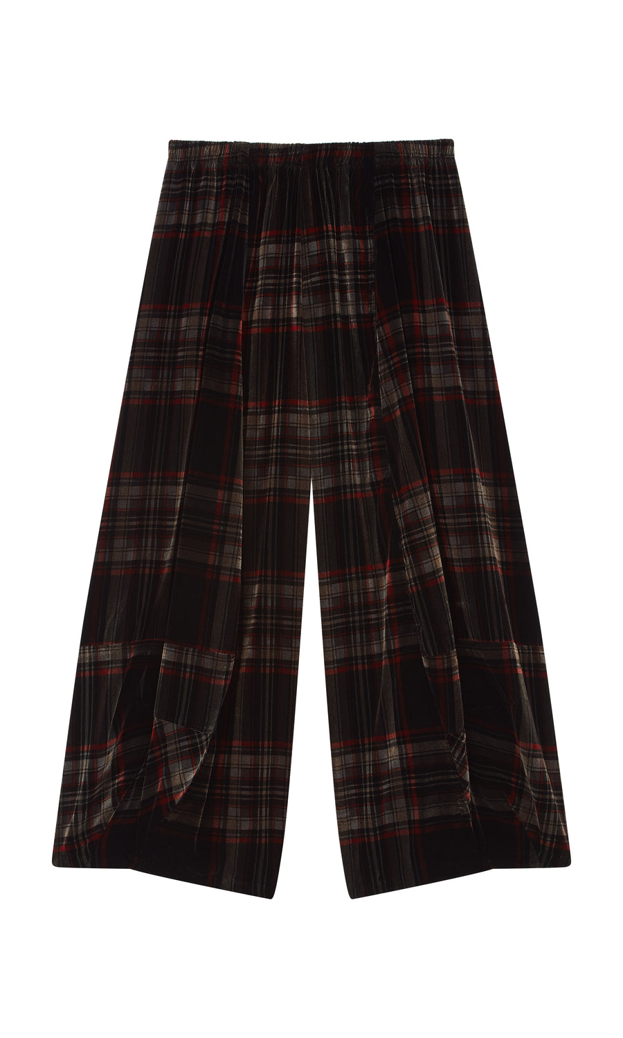 Plümo  Carson Tartan Pants: Wide-leg velveteen with black, red, and white stripes plus an elastic waistband.