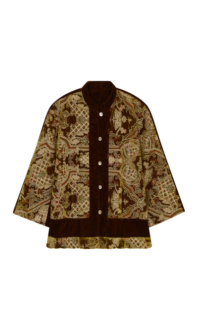Plümo  Kemsley Jacket: brown  beige button-up with band collar and batik patterns, shown on a white background.