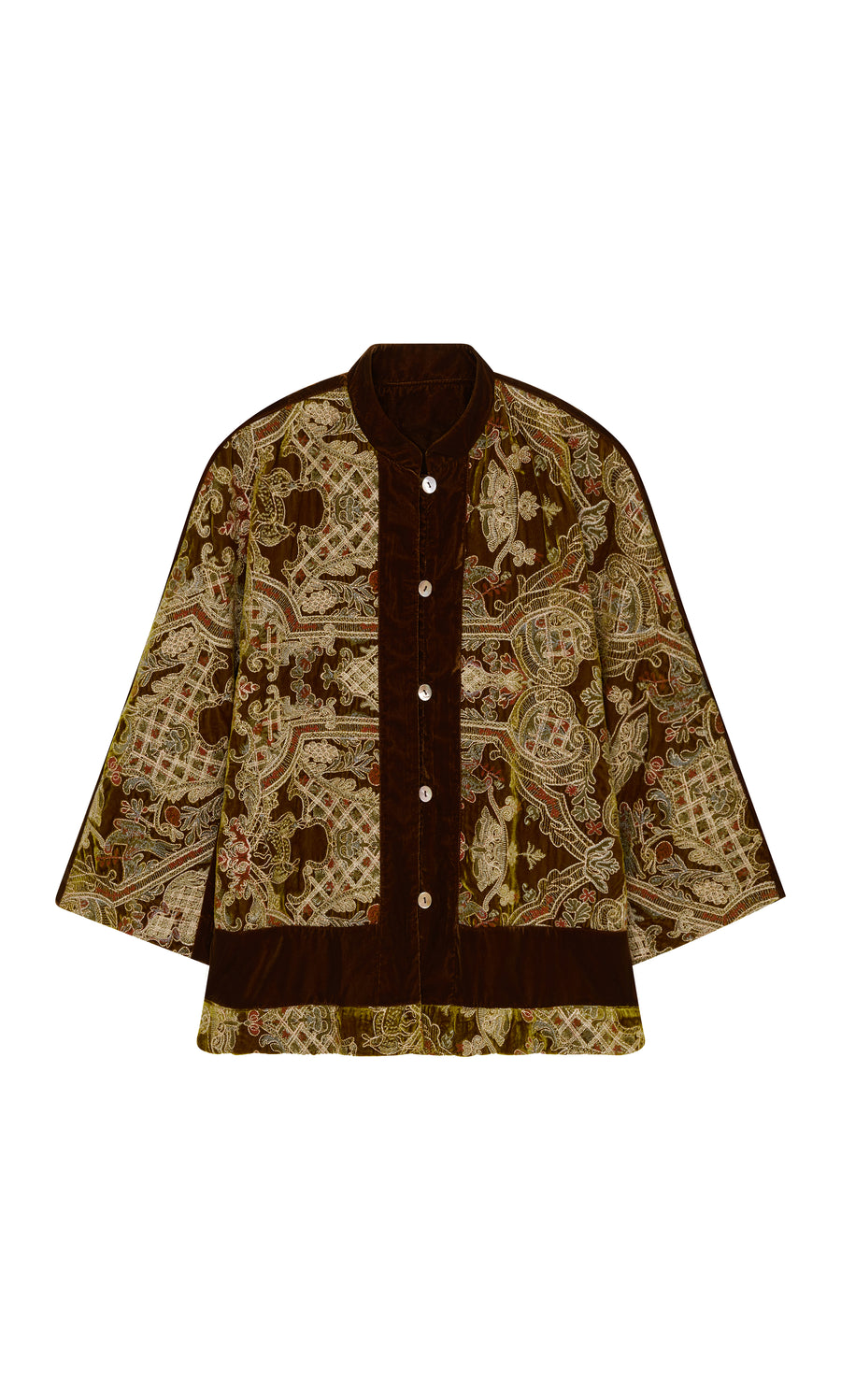 Plümo  Kemsley Jacket: brown  beige button-up with band collar and batik patterns, shown on a white background.
