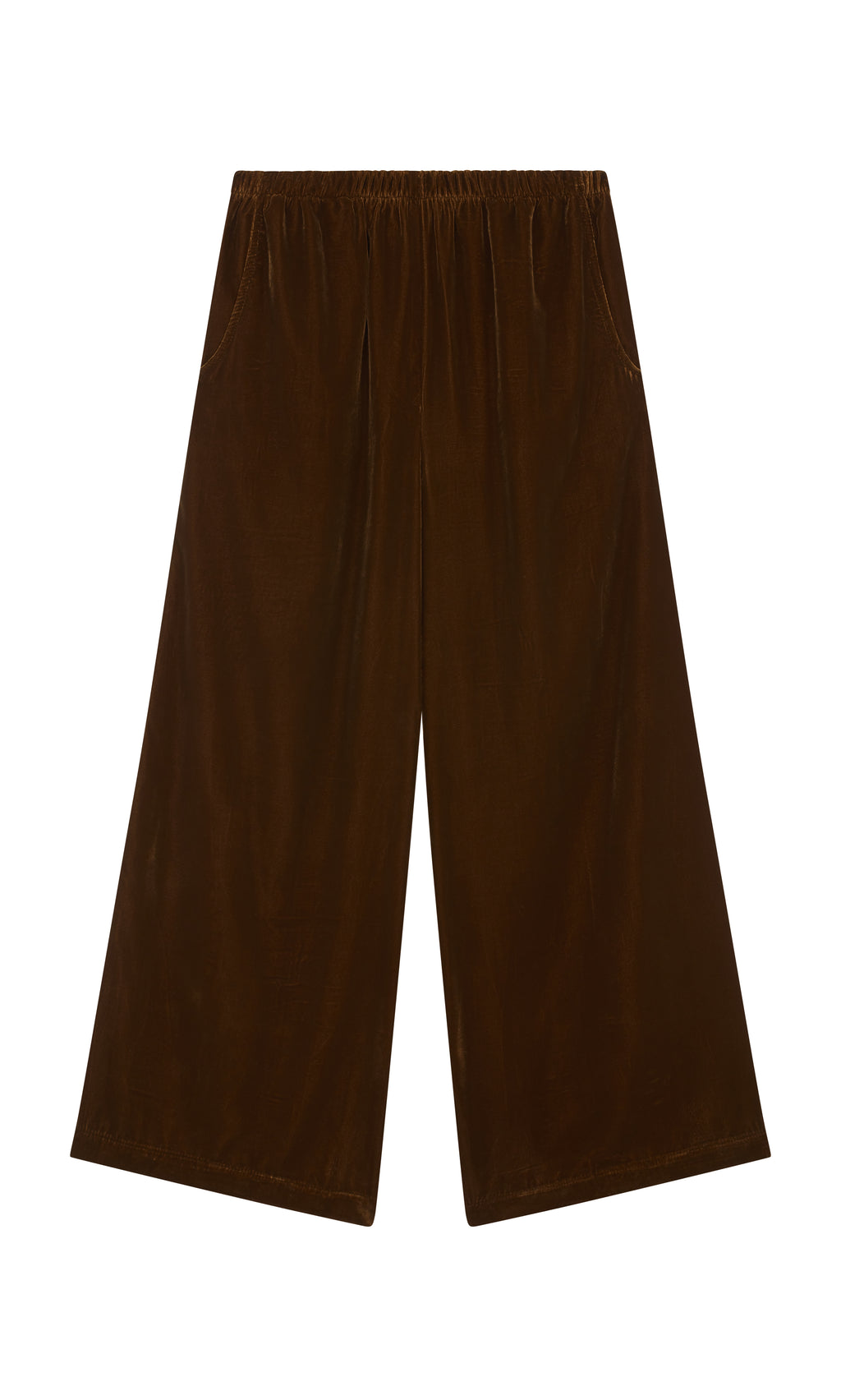 Plümo  Maroon Velvet Pants with wide-leg silhouette, elastic waistband, and side pockets, shown flat on white background.