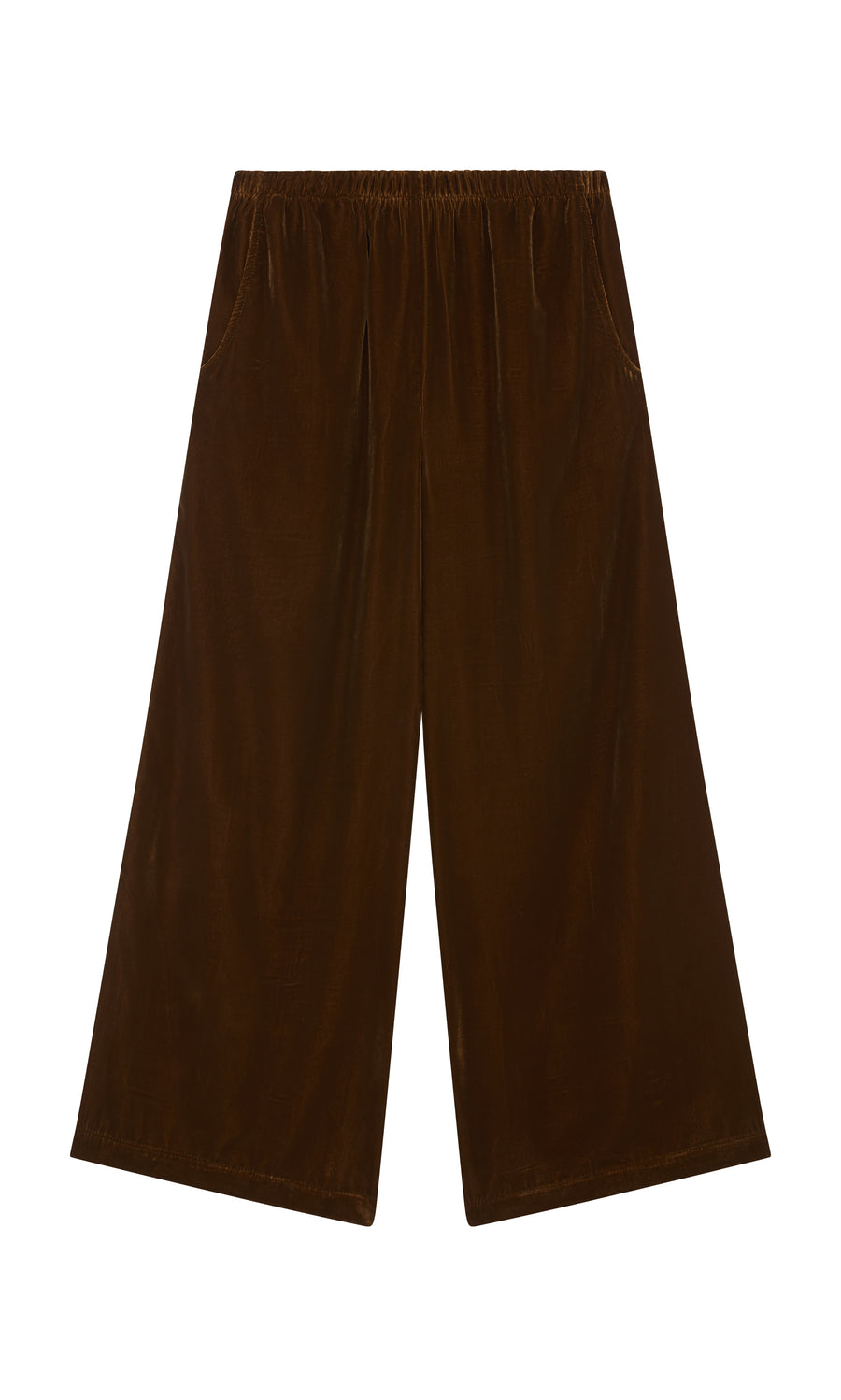 Plümo  Maroon Velvet Pants with wide-leg silhouette, elastic waistband, and side pockets, shown flat on white background.