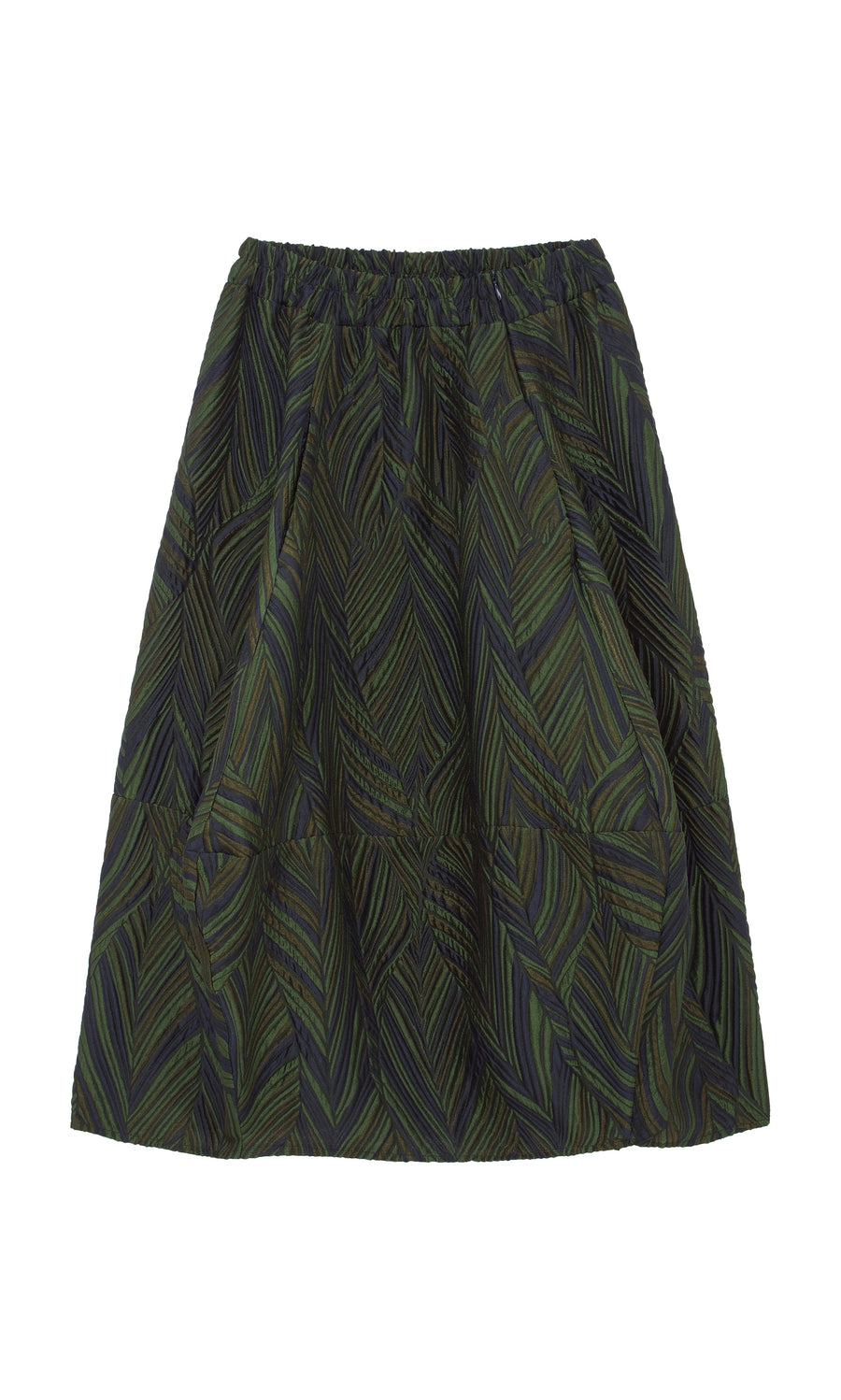 Plümo  The Yona Skirt features a green and navy leaf brocade, curved silhouette, and comfy elastic waistband.