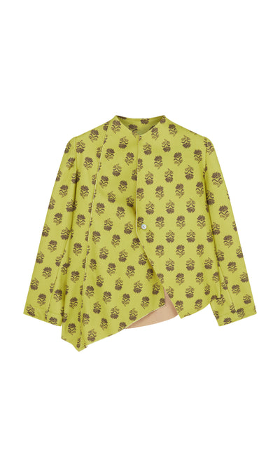 Plümo  Leandra Jacket: Yellow asymmetrical paisley jacket with brown florals, single button, shown on white background.
