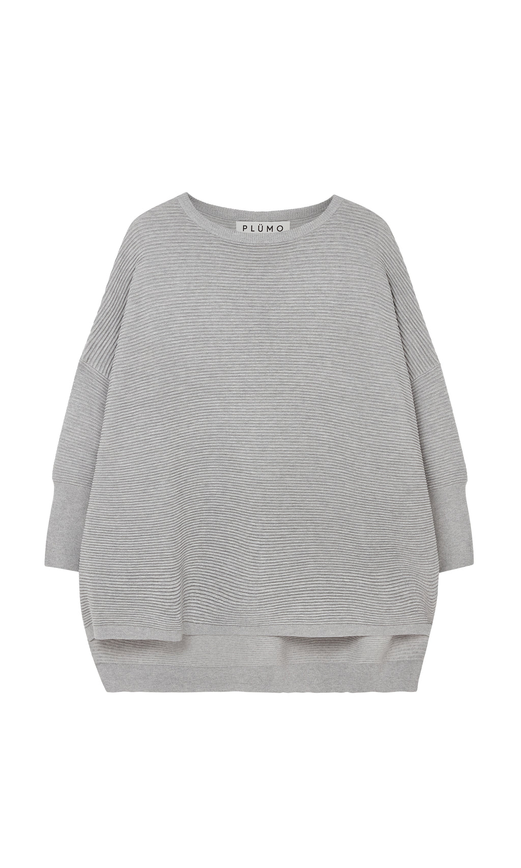 Plümo  Jack Sweater - Grey: Long-sleeve, ribbed, split-hem sweater in plant-based yarn for a relaxed, cozy feel.