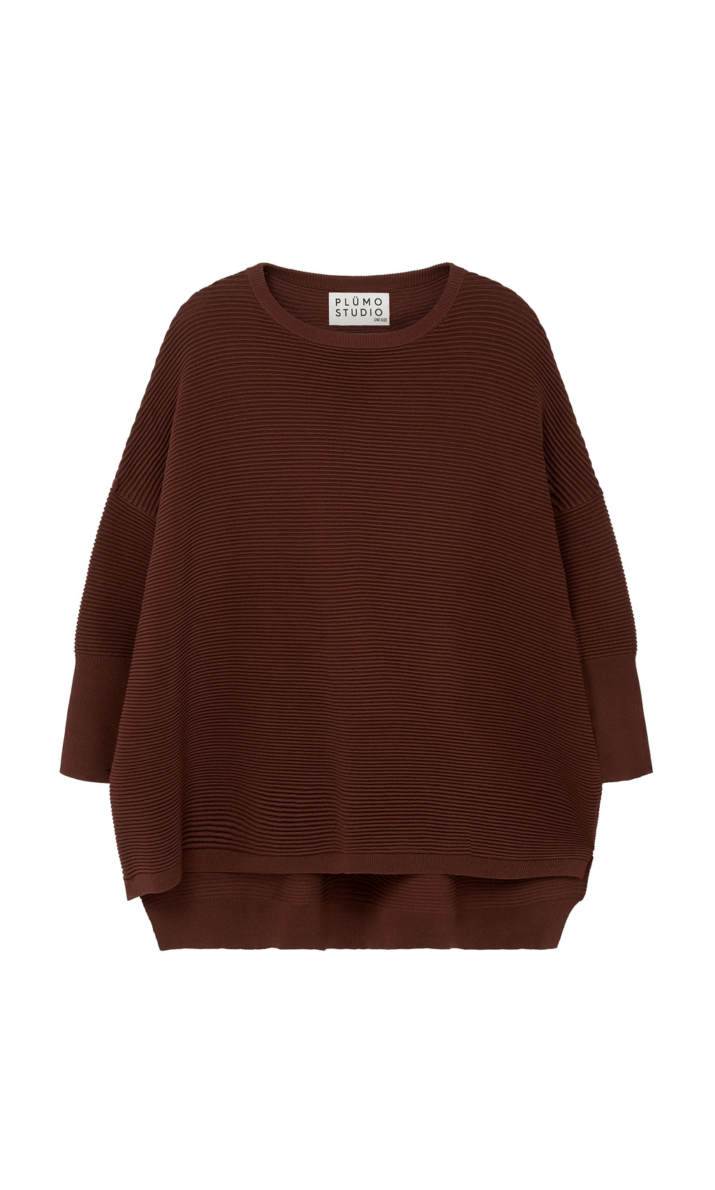 Plümo  Jack Sweater - Bitter Chocolate: loose-fitting, ribbed with three-quarter sleeves by Plümo Studio, shown on white.