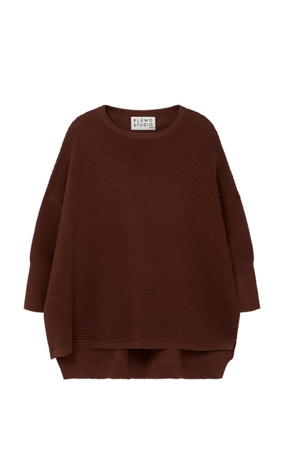 Plümo  Jack Sweater - Bitter Chocolate: loose-fitting, ribbed with three-quarter sleeves by Plümo Studio, shown on white.