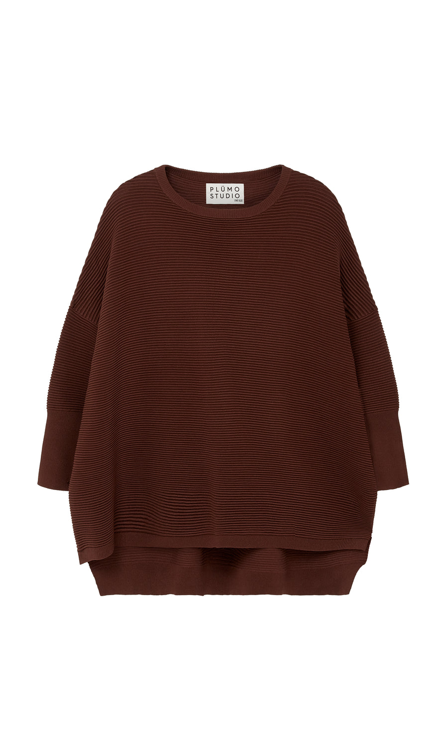 Plümo  Jack Sweater - Bitter Chocolate: loose-fitting, ribbed with three-quarter sleeves by Plümo Studio, shown on white.