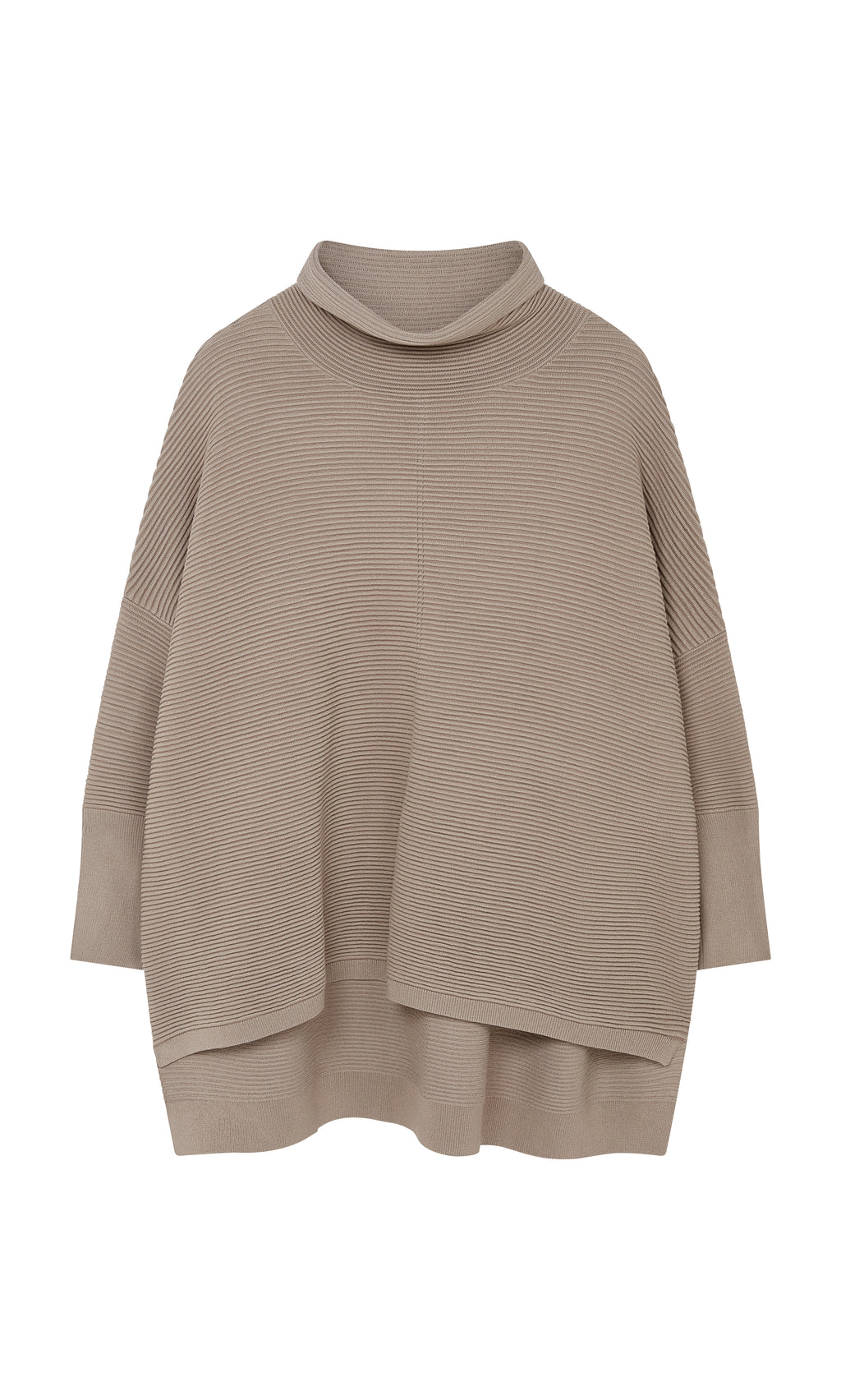 Plümo  Jack Rollneck - Miso: Beige ribbed knit poncho with wide sleeves, rollneck, and asymmetrical hem on a white background.